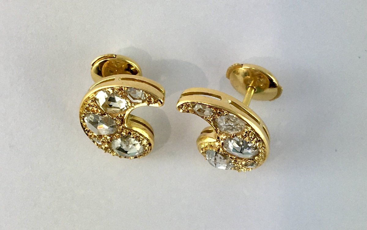 Boucles d’Oreilles Motif Cachemire Diamants Tailles Rose sur Or Jaune -photo-4