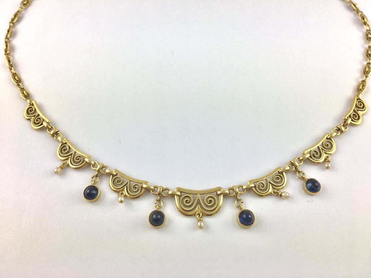 Collier Draperie Saphirs Cabochons et Perles Fines Sur Or Jaune Maillons Filigranes-photo-4