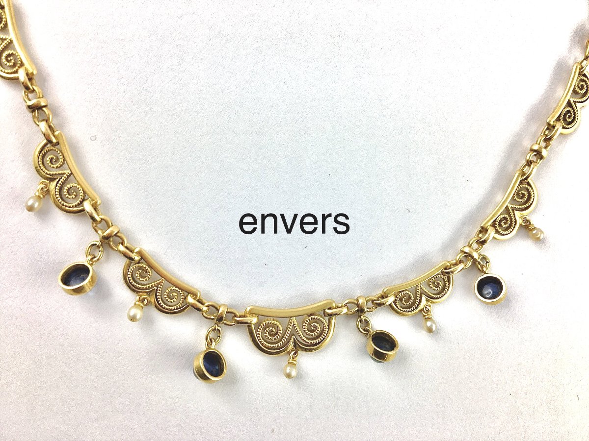 Collier Draperie Saphirs Cabochons et Perles Fines Sur Or Jaune Maillons Filigranes-photo-6