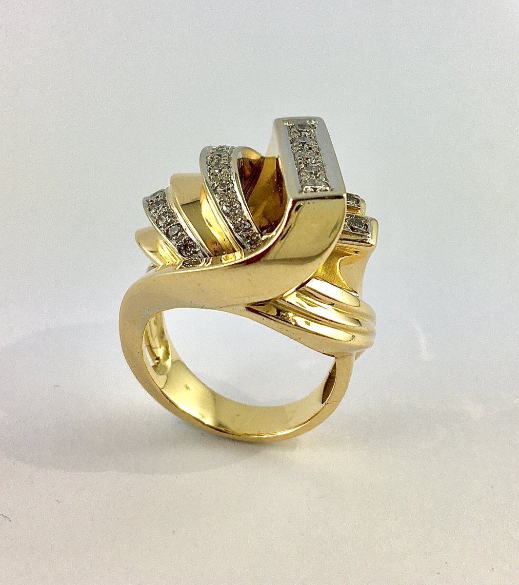 Bague Style Tank Diamants Sur Ors Rose Et Blanc-photo-2