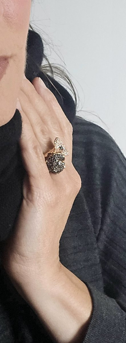 Bague Fleurs en Toi et Moi Bicolore Diamants Noirs  Et Blancs sur Or Rose-photo-8