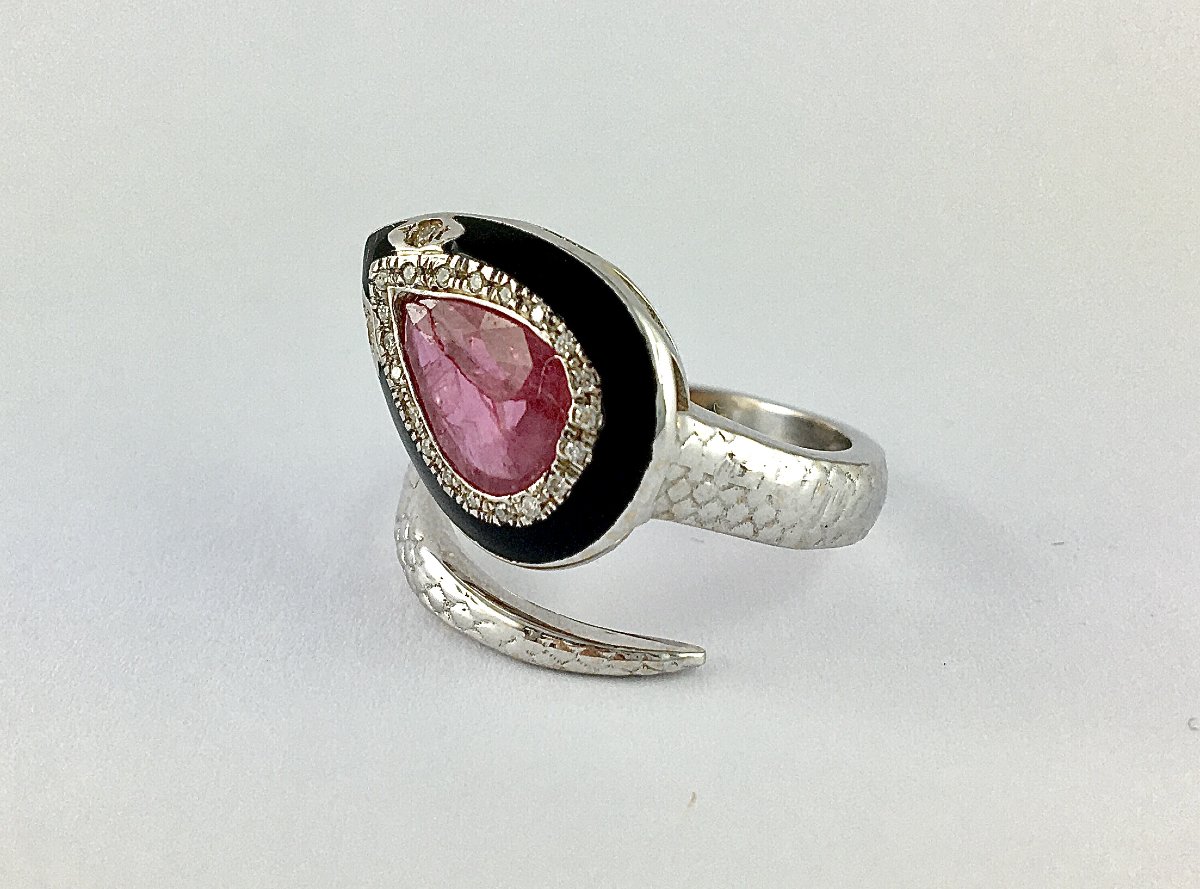 Bague Serpent Rubis Poire, Email Noir et Diamants sur Or Blanc-photo-1