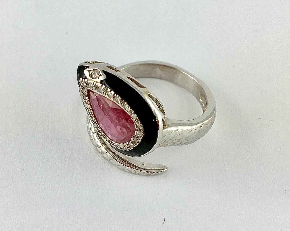 Bague Serpent Rubis Poire, Email Noir et Diamants sur Or Blanc-photo-2