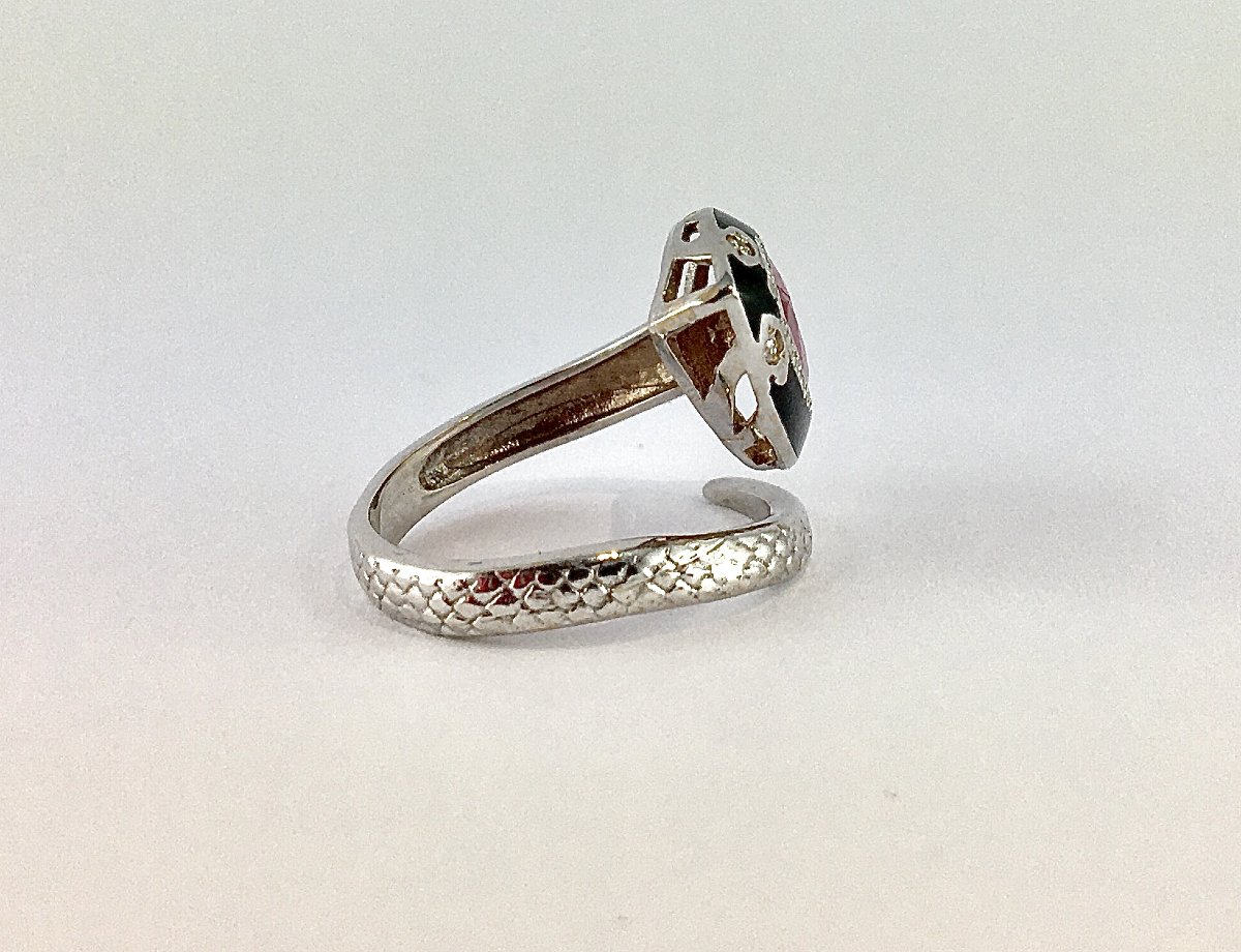 Bague Serpent Rubis Poire, Email Noir et Diamants sur Or Blanc-photo-3