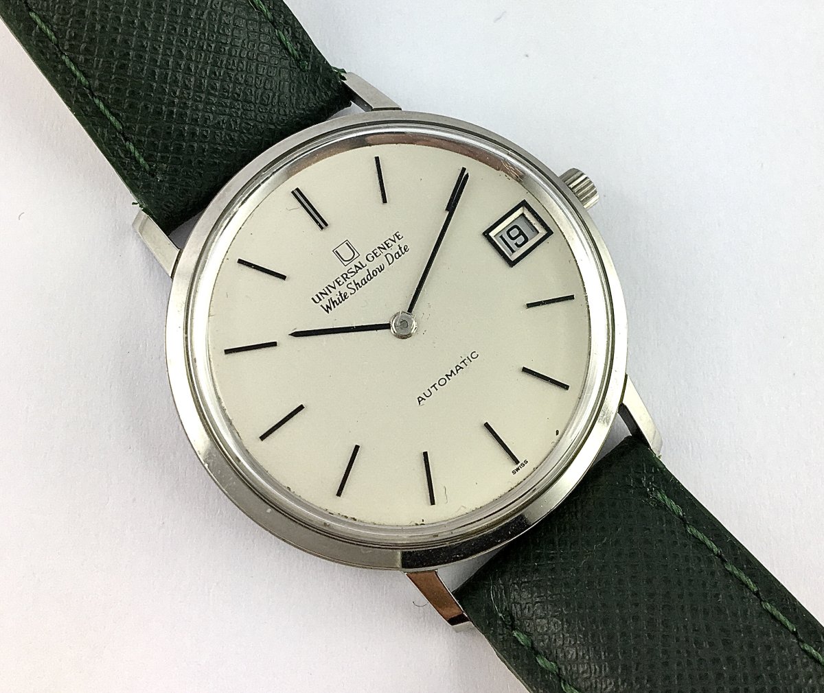 Universal Genève White Shadow Date Automatic Watch 1970 Steel On Leather-photo-2