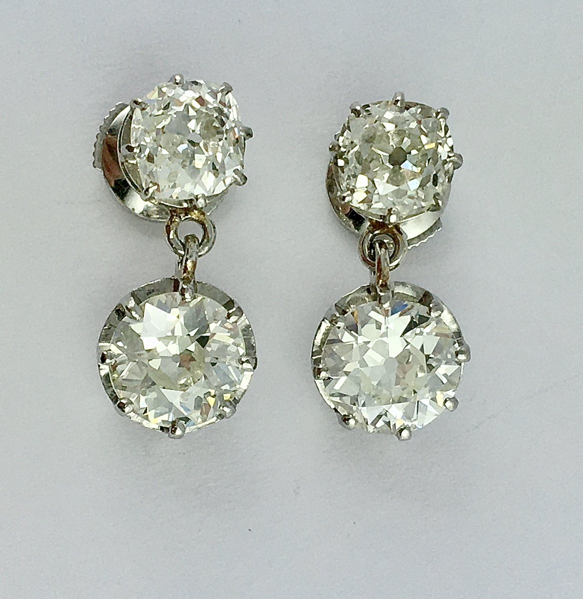 Old Cut Diamond Drop Earrings In Platinum, Alpas White Gold-photo-3