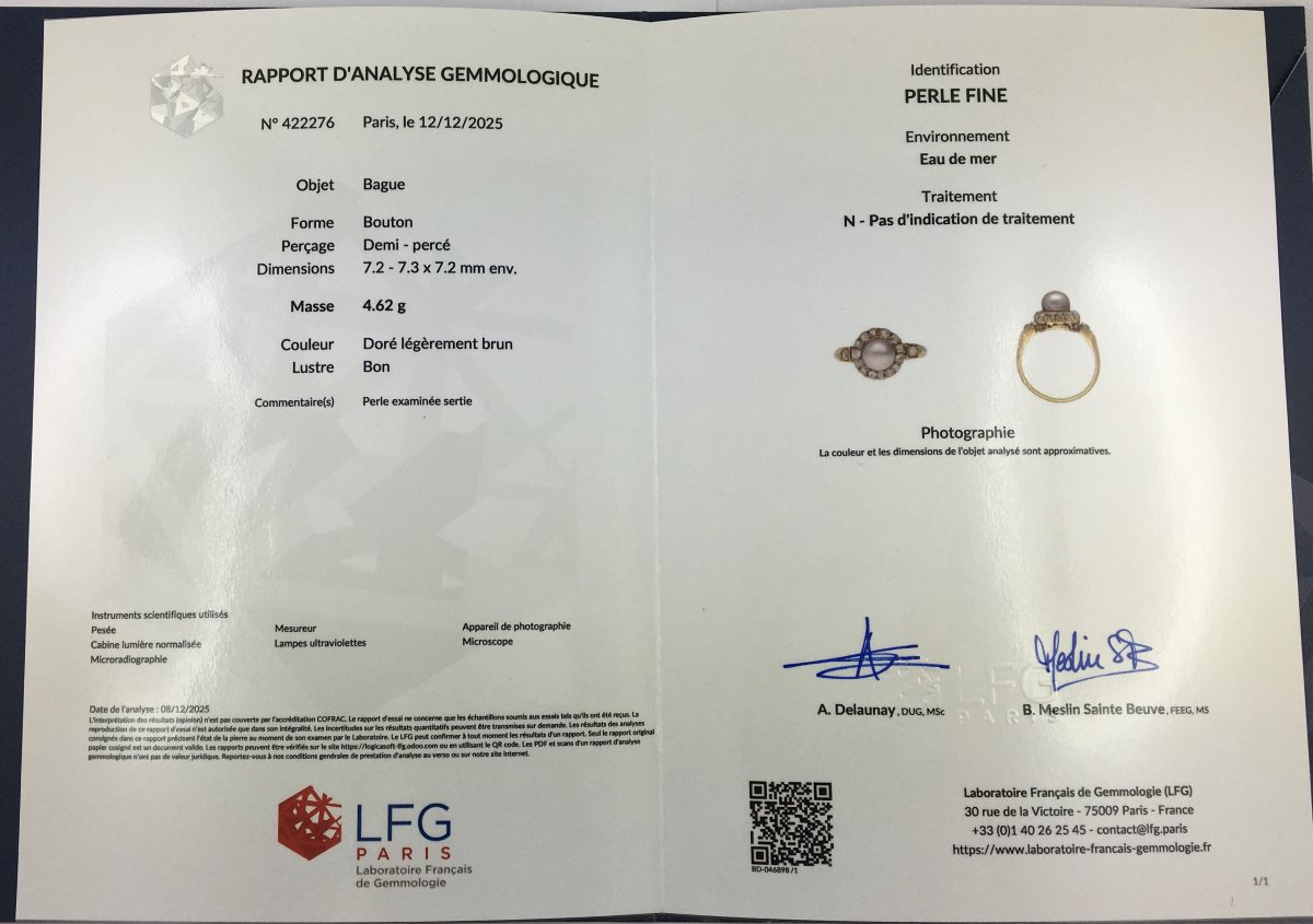 Bague Marguerite 19° Siècle Perle Fine Certifiée Entourage Diamants Sur Or Jaune Datée 1882-photo-4