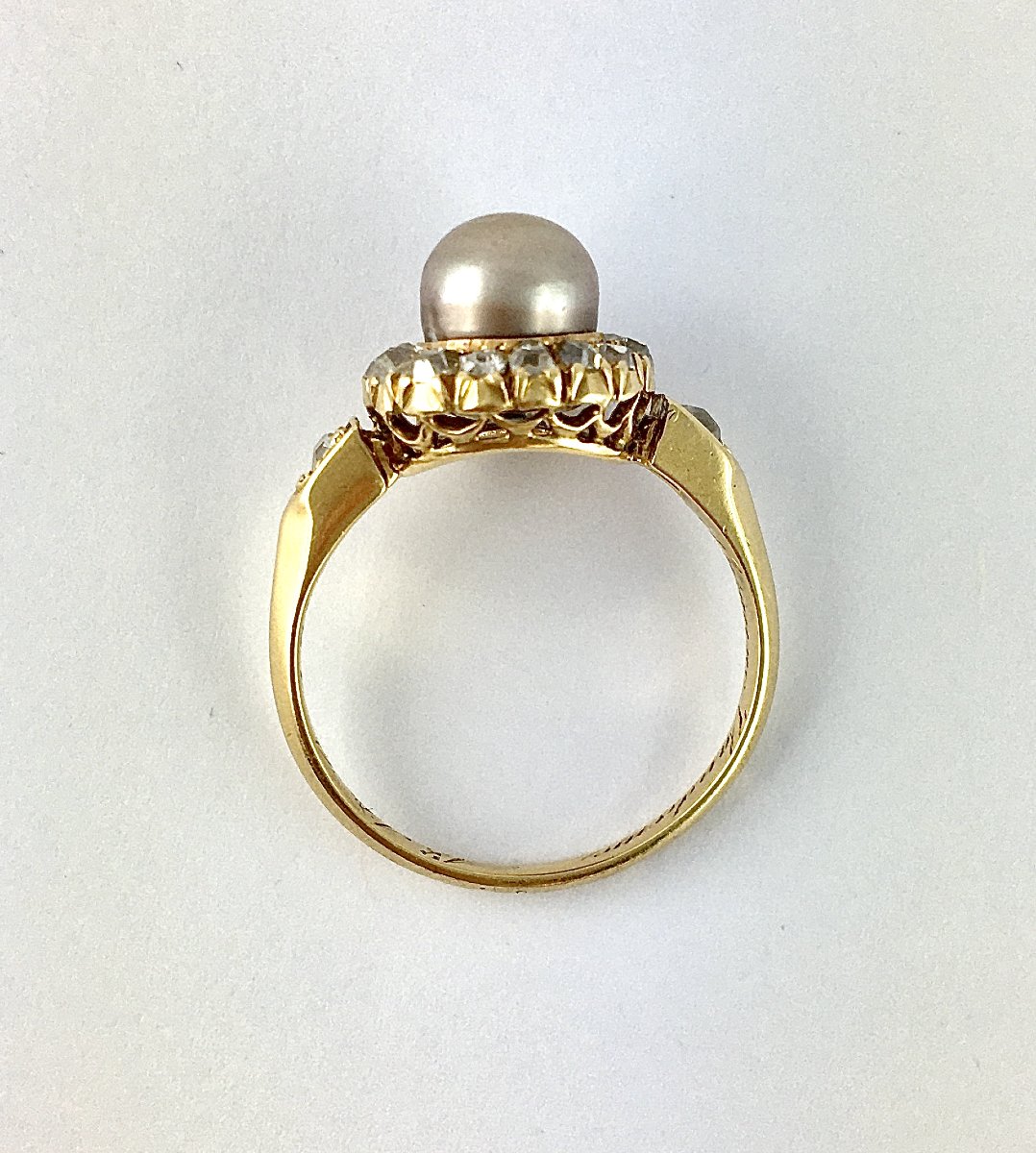 Bague Marguerite 19° Siècle Perle Fine Certifiée Entourage Diamants Sur Or Jaune Datée 1882-photo-6
