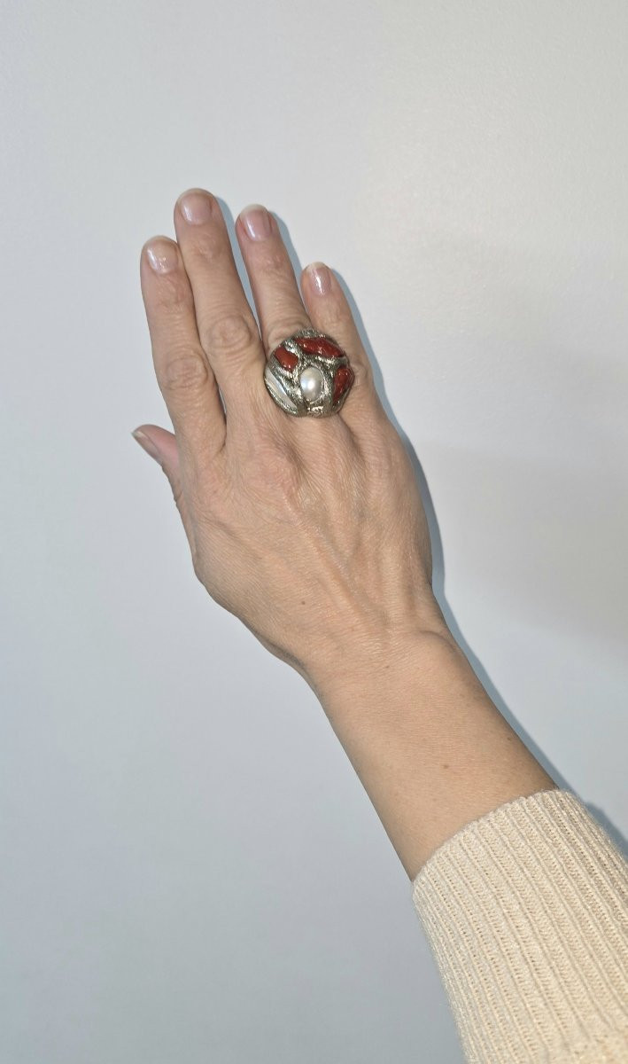 Estrosia Ball Ring With Coral, Pearl And Resin On Silver-photo-7