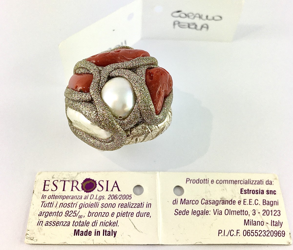 Estrosia Ball Ring With Coral, Pearl And Resin On Silver