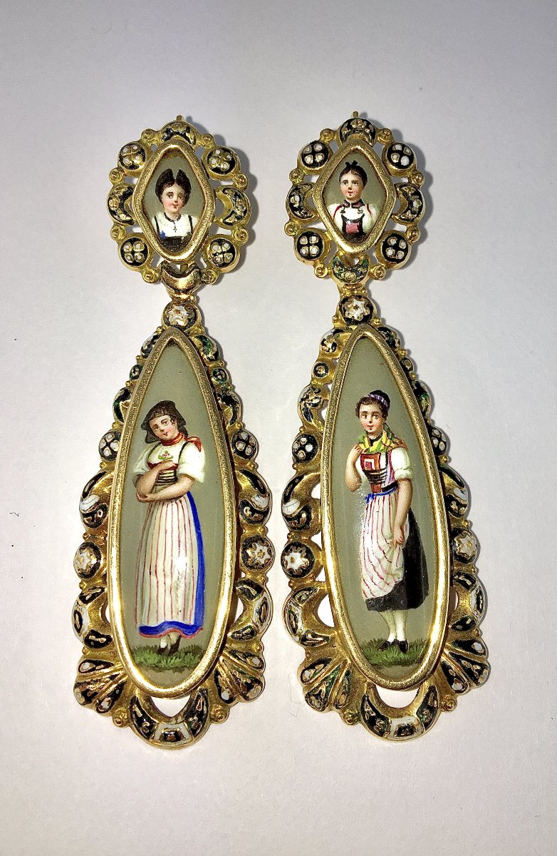 1/2 Parure Tradition Régionale, Broche & Boucles d'Oreilles/Or rose, Miniatures Email 1840-1860-photo-5