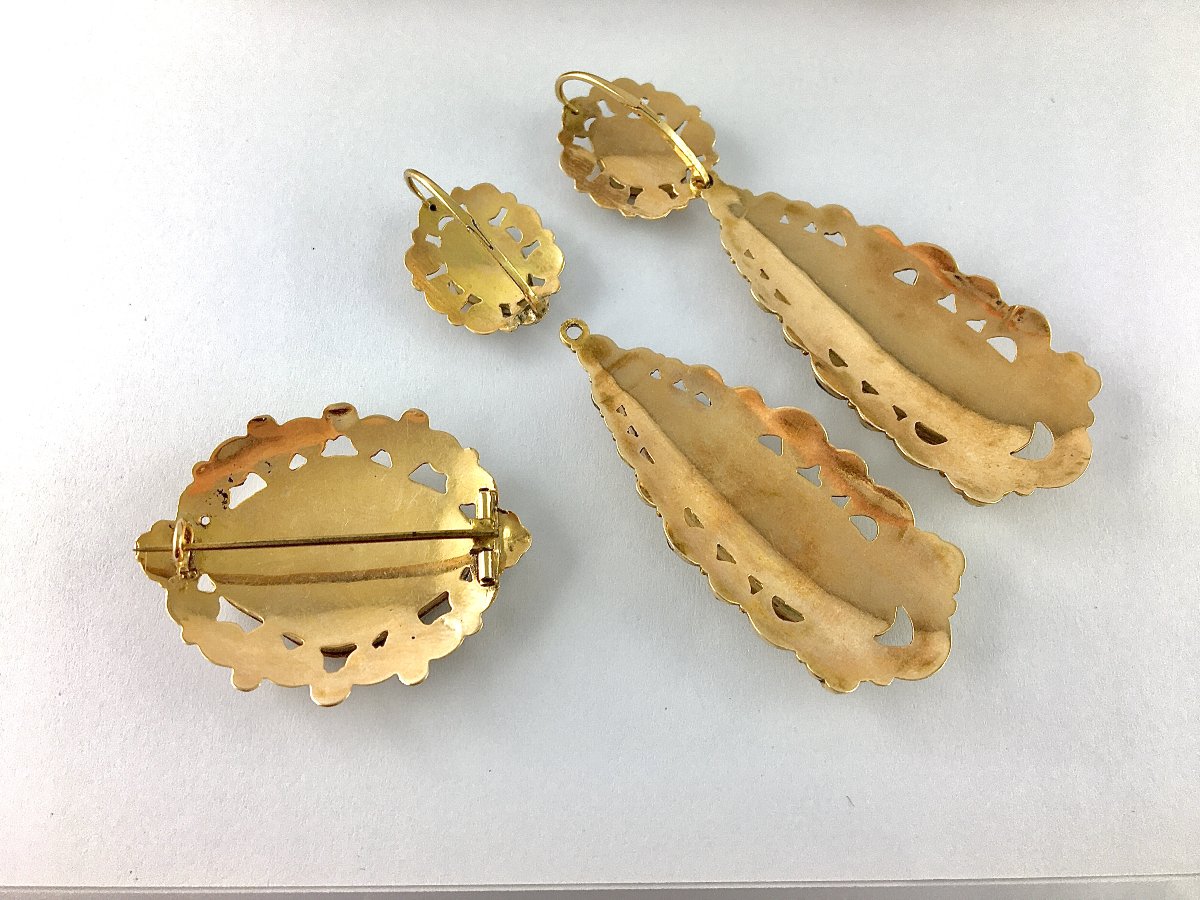 1/2 Parure Tradition Régionale, Broche & Boucles d'Oreilles/Or rose, Miniatures Email 1840-1860-photo-6