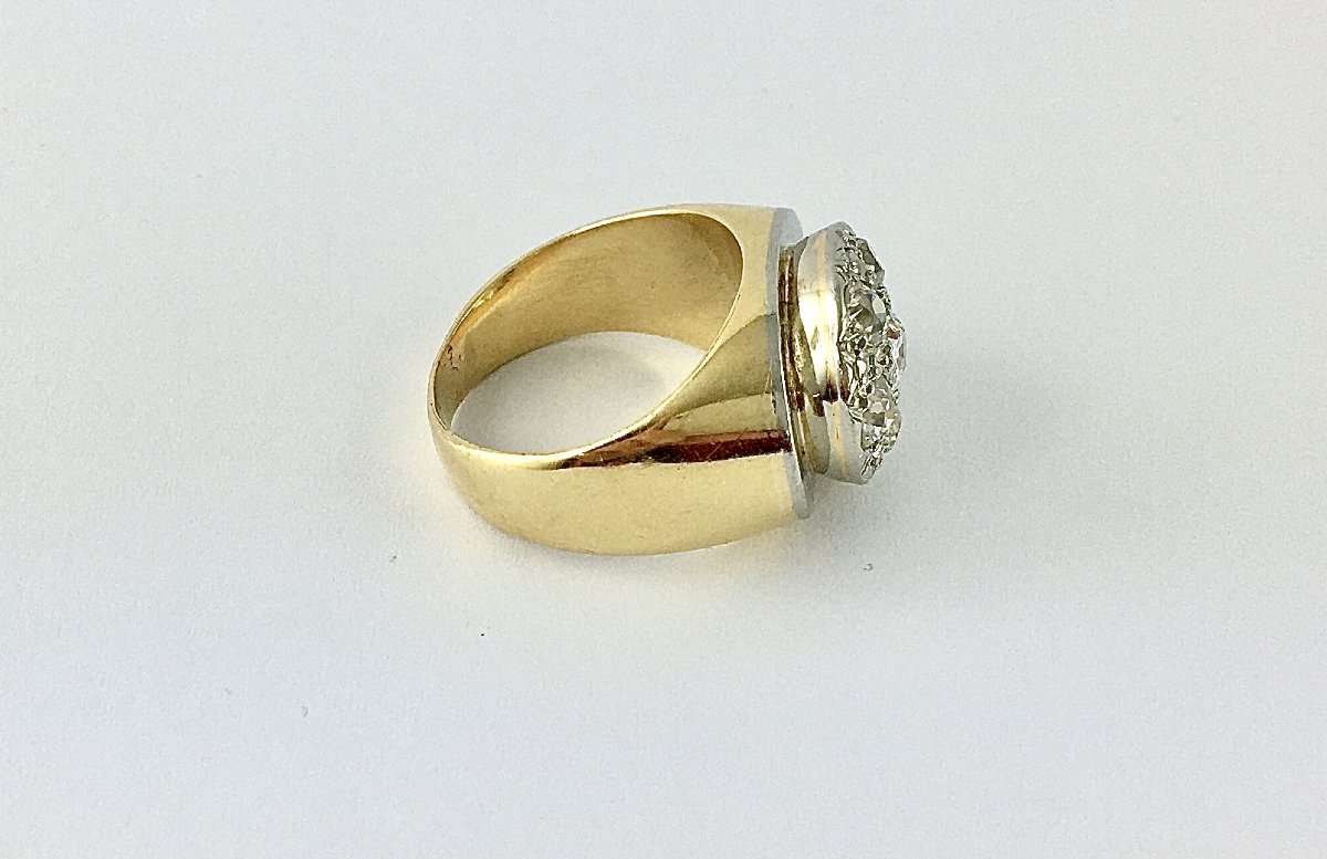 Bague Tank Années 40 Ovale Or Jaune et Pavage de Diamants Sur Platine-photo-4