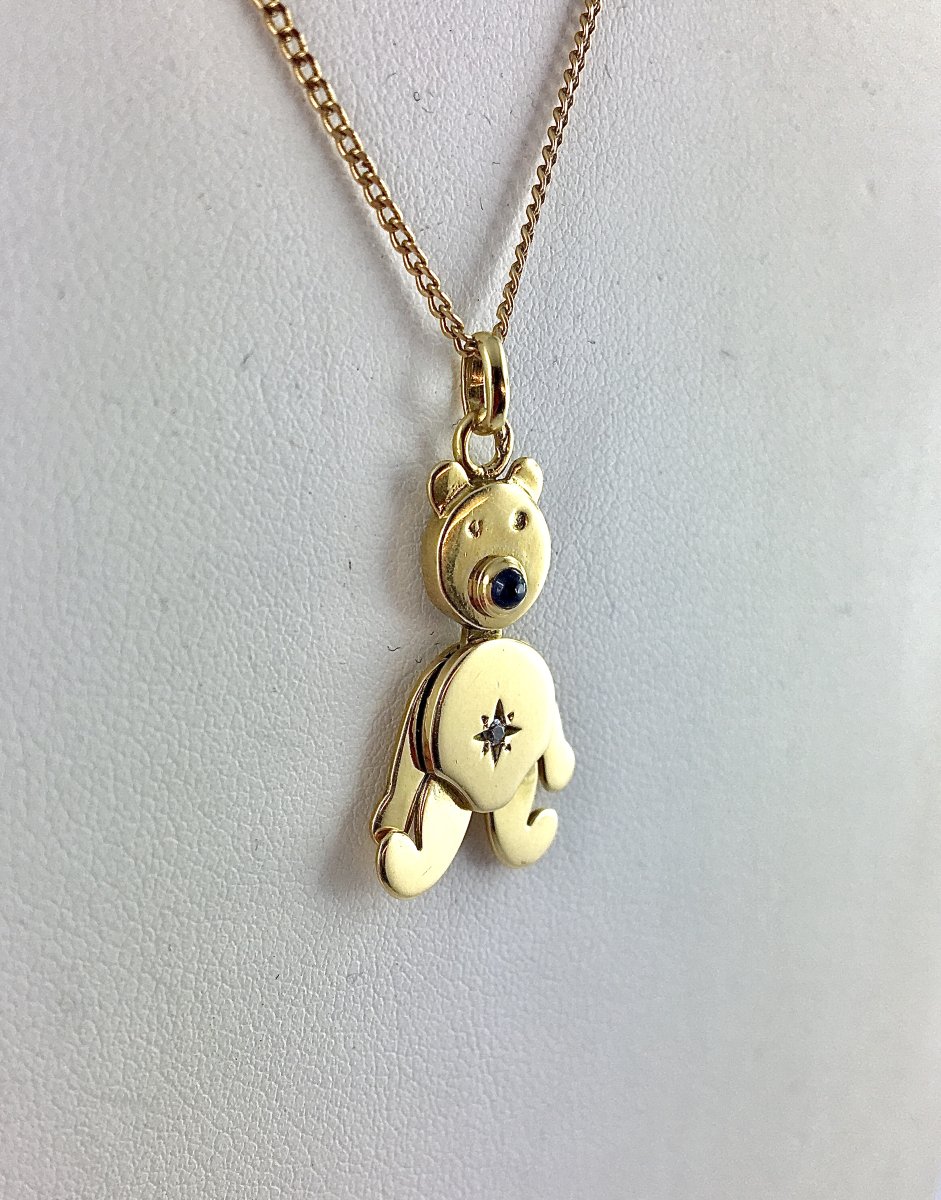 Articulated Teddy Bear Pendant, Sapphire And Diamond On Yellow Gold-photo-3