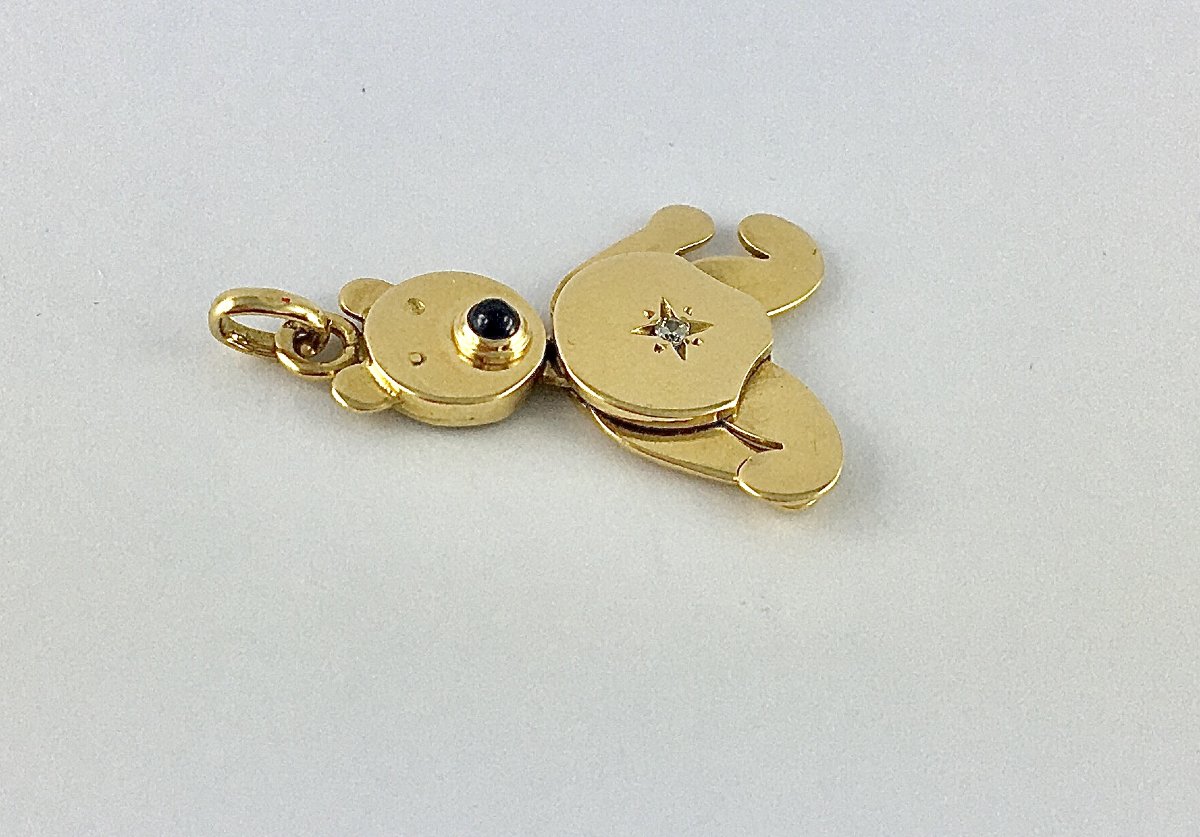 Articulated Teddy Bear Pendant, Sapphire And Diamond On Yellow Gold-photo-2