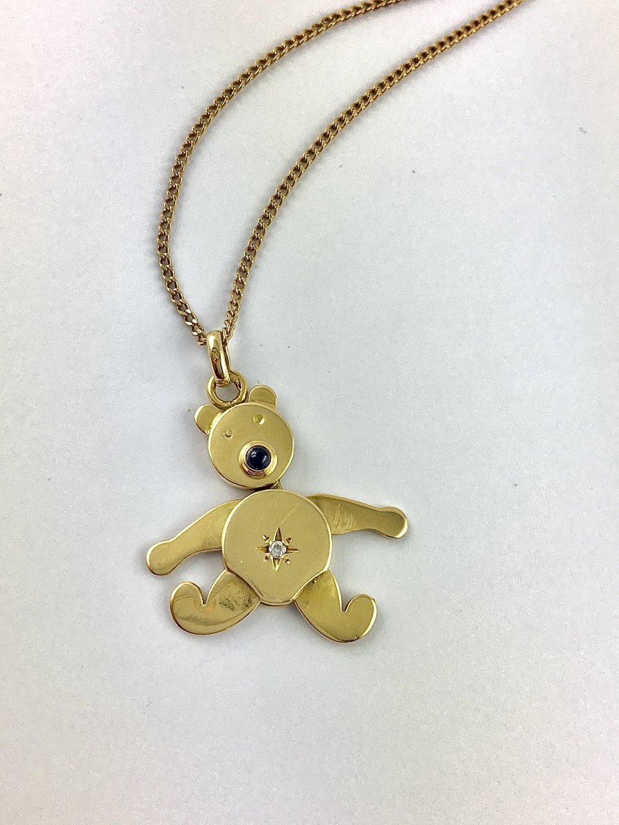 Articulated Teddy Bear Pendant, Sapphire And Diamond On Yellow Gold-photo-5