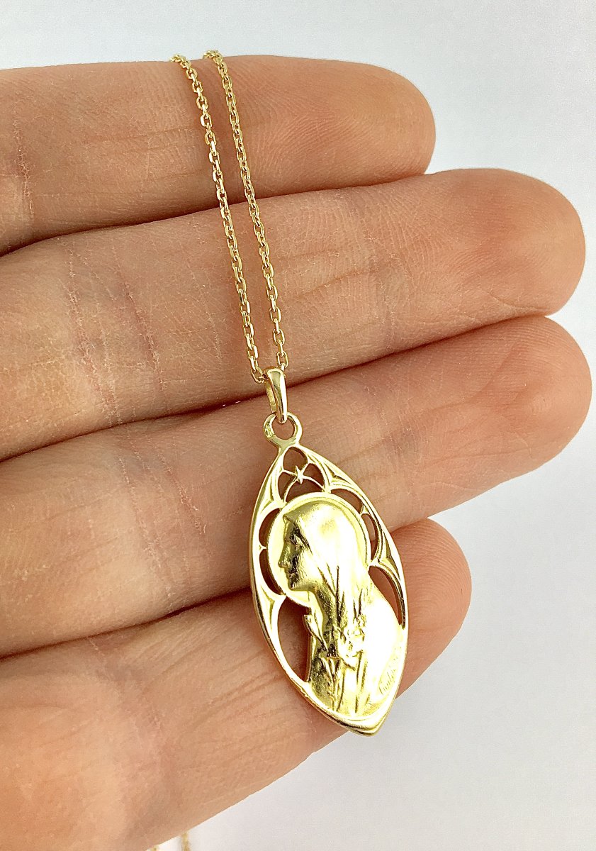 Pendant Medal Virgin In Mandorla Style Belle Epoque Yellow Gold-photo-4