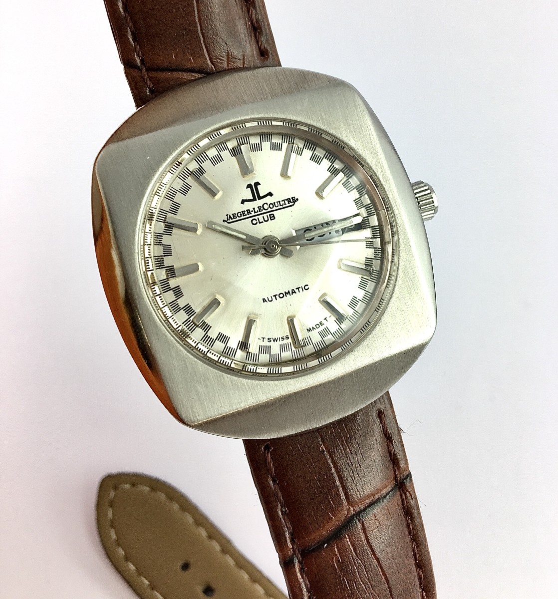Montre Jaeger LeCoultre Club Automatique Années 70 Acier/ Cuir, Jour et Date, Verre Facetté