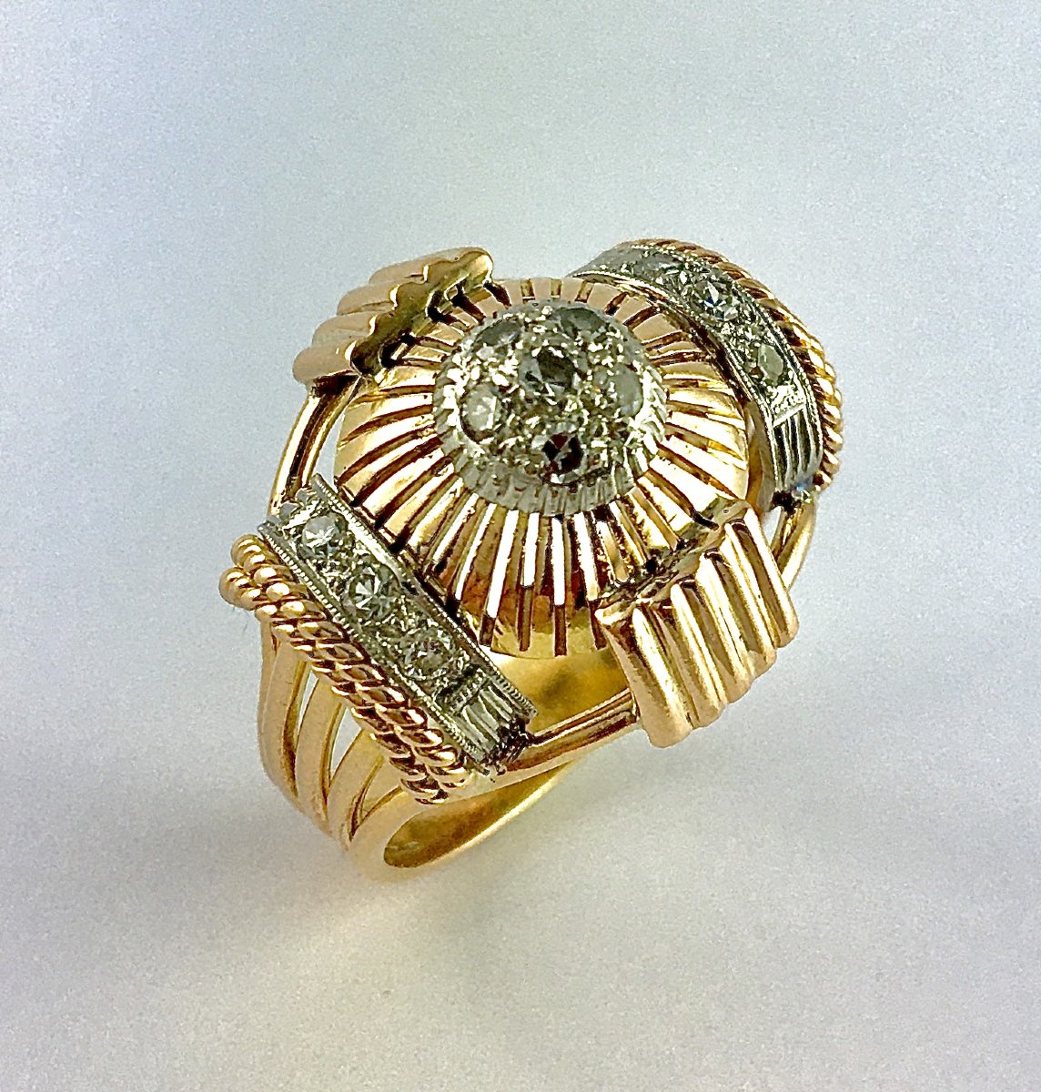 50's Dome Wire Ring, Diamond Pavé On Rose Gold And Platinum-photo-2