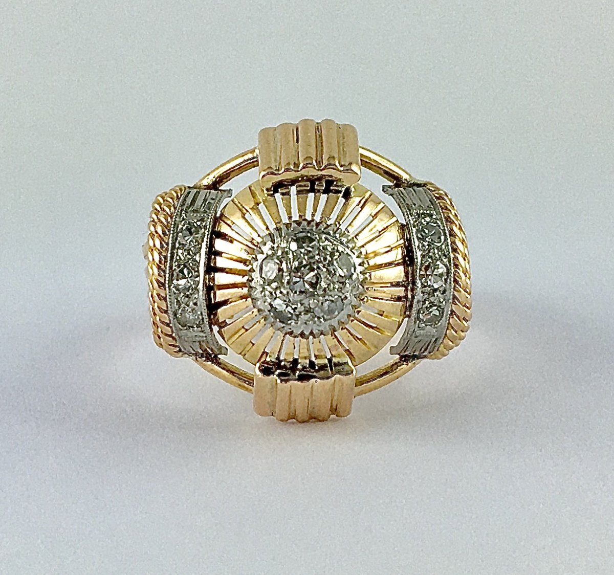 50's Dome Wire Ring, Diamond Pavé On Rose Gold And Platinum-photo-3