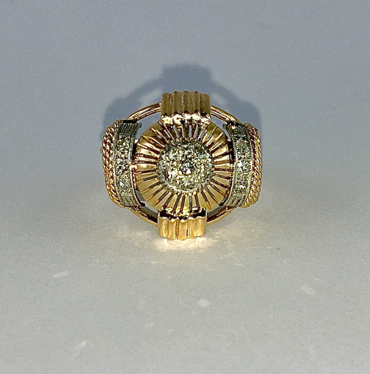 50's Dome Wire Ring, Diamond Pavé On Rose Gold And Platinum-photo-4