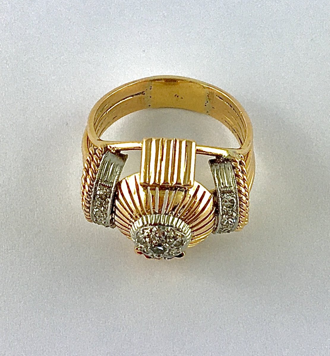 50's Dome Wire Ring, Diamond Pavé On Rose Gold And Platinum-photo-3