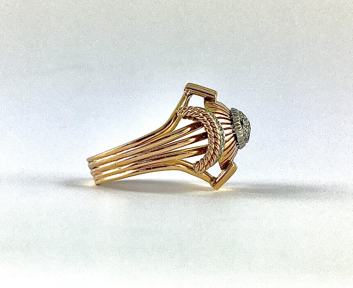 50's Dome Wire Ring, Diamond Pavé On Rose Gold And Platinum-photo-4