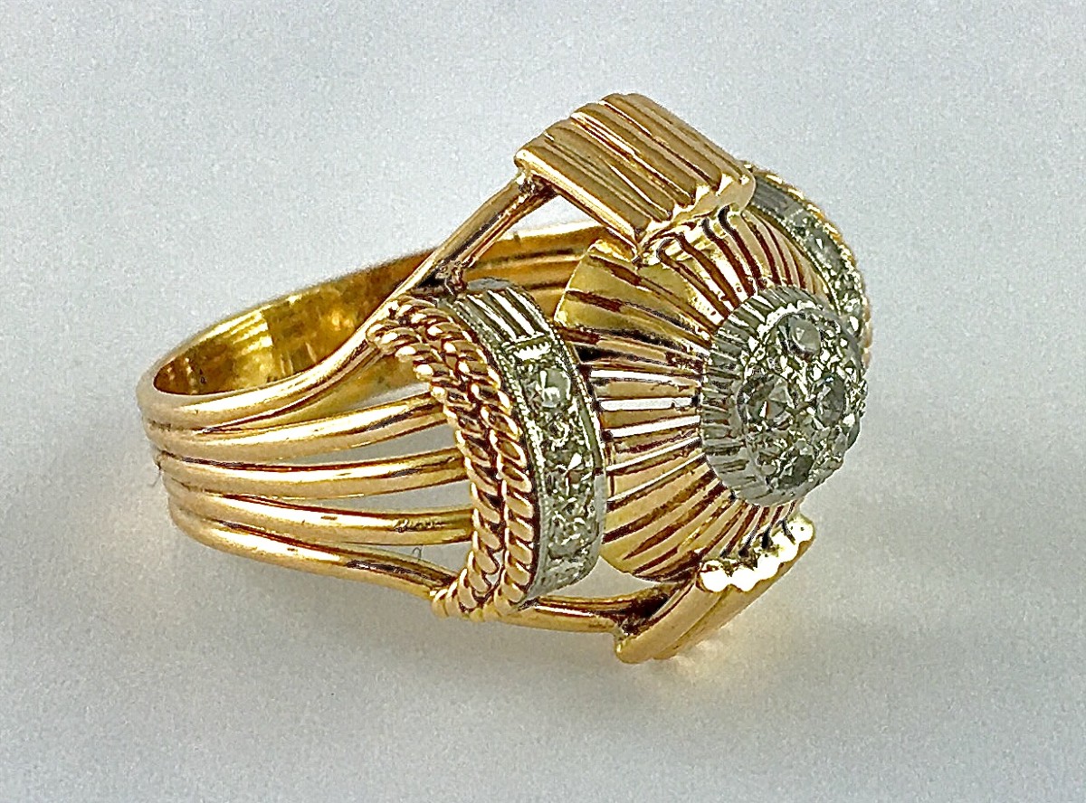 50's Dome Wire Ring, Diamond Pavé On Rose Gold And Platinum