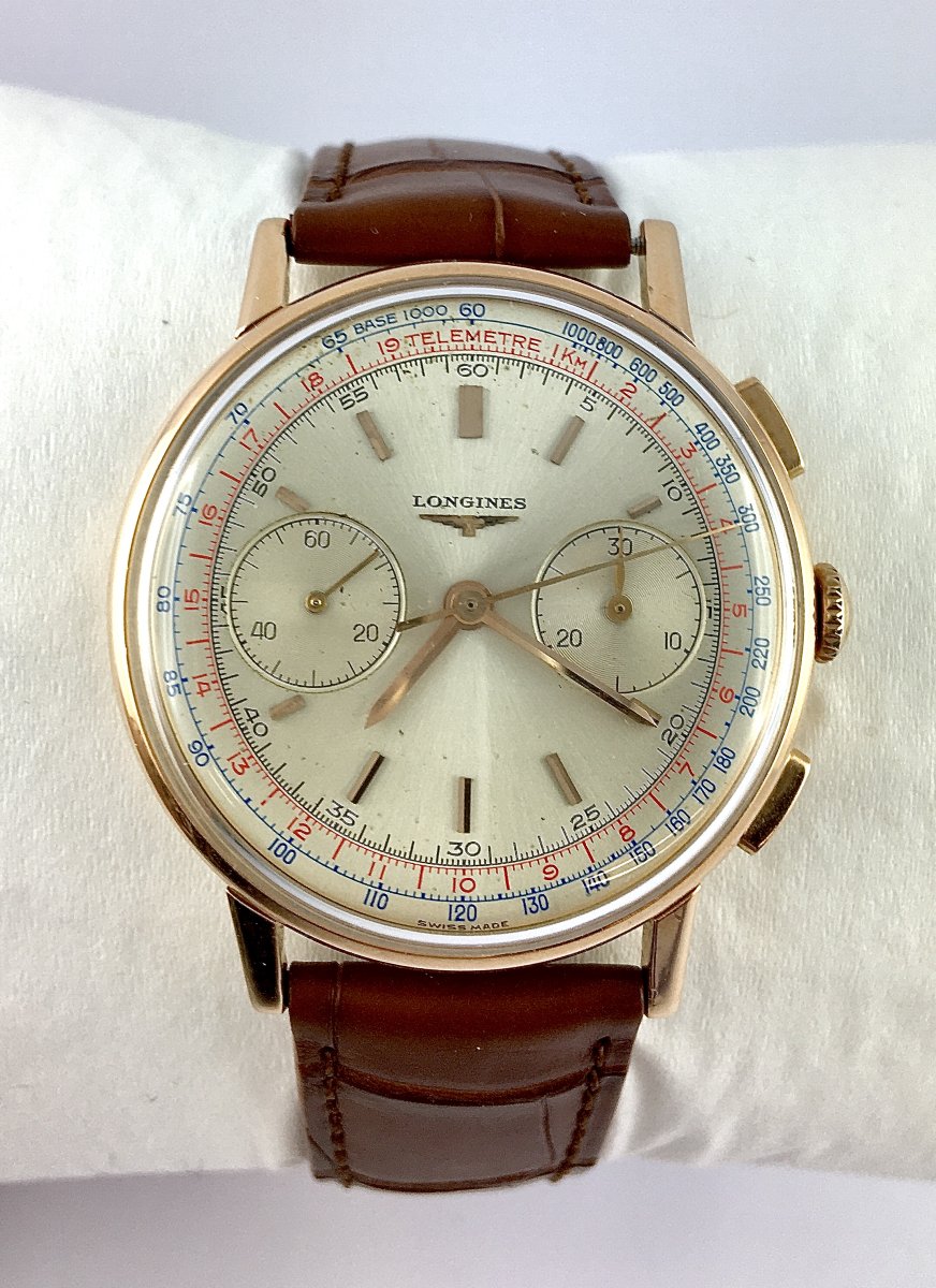Montre Longines Chronographe Ref.7414 Flyback Calibre 30CH Mécanique 1962 Or Rose Sur Cuir-photo-2
