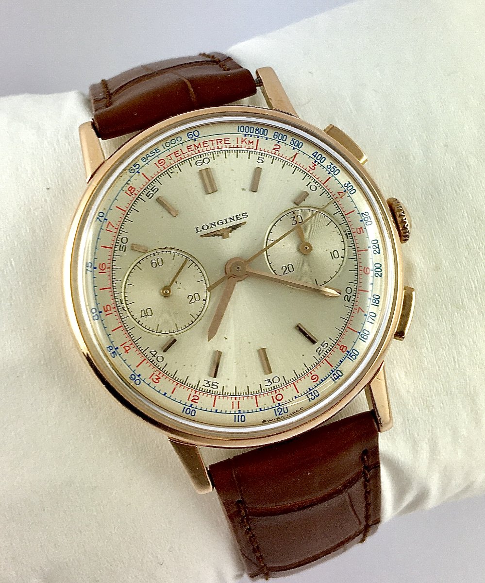 Montre Longines Chronographe Ref.7414 Flyback Calibre 30CH Mécanique 1962 Or Rose Sur Cuir-photo-3