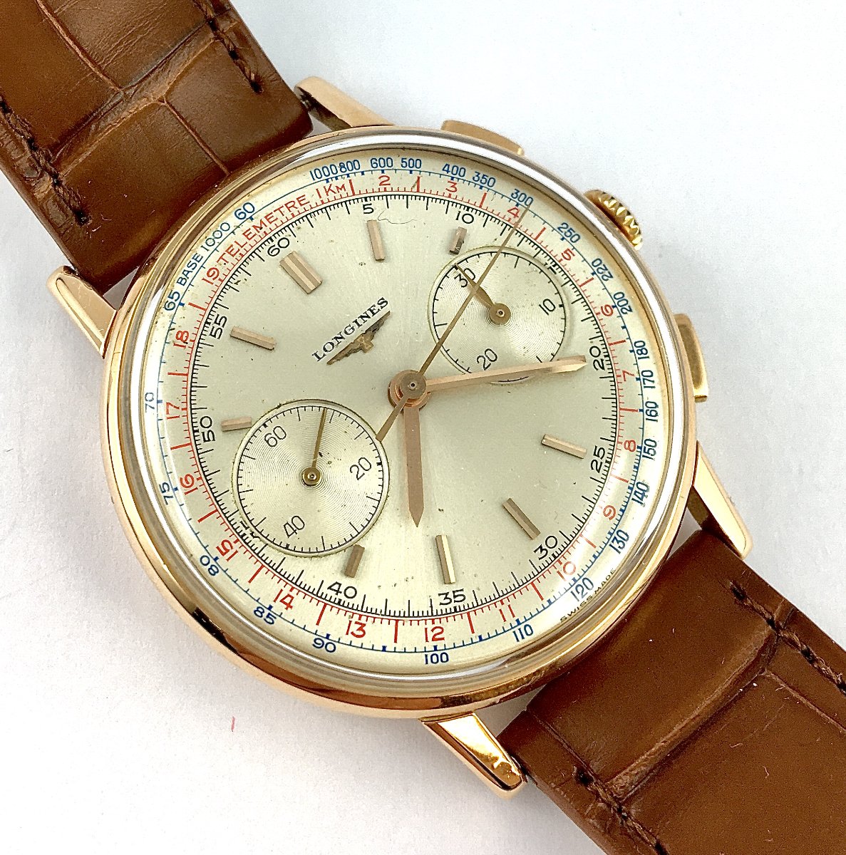 Montre Longines Chronographe Ref.7414 Flyback Calibre 30CH Mécanique 1962 Or Rose Sur Cuir-photo-4