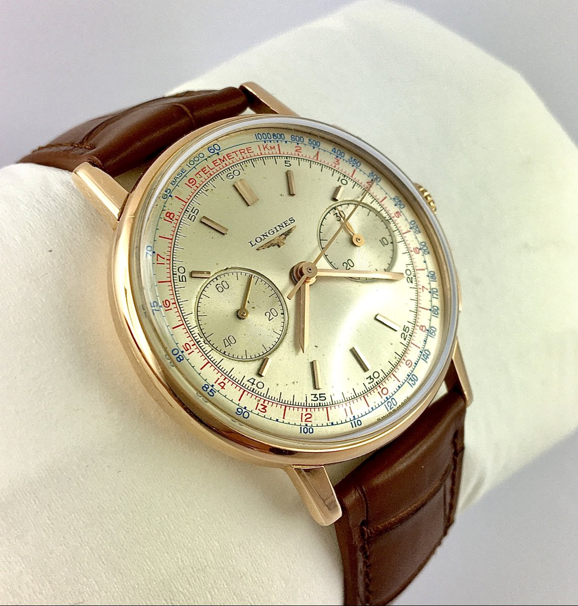 Montre Longines Chronographe Ref.7414 Flyback Calibre 30CH Mécanique 1962 Or Rose Sur Cuir-photo-1