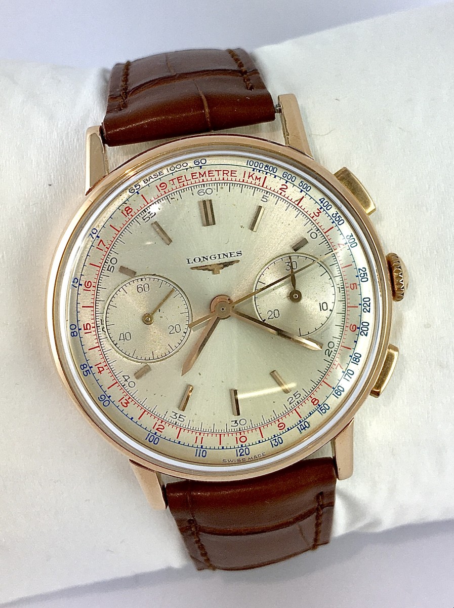 Montre Longines Chronographe Ref.7414 Flyback Calibre 30CH Mécanique 1962 Or Rose Sur Cuir