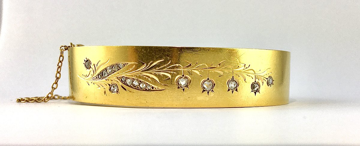 Bracelet Manchette Jonc Ouvrant Motif Muguet Diamants sur Or Jaune Belle Epoque-photo-4