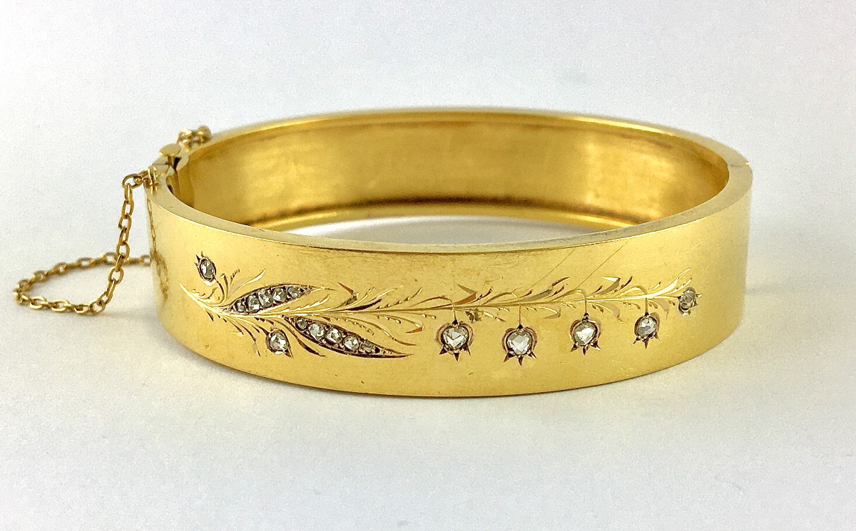 Bracelet Manchette Jonc Ouvrant Motif Muguet Diamants sur Or Jaune Belle Epoque-photo-2