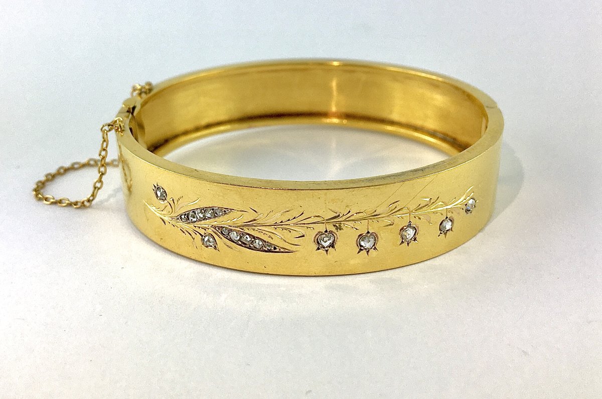 Bracelet Manchette Jonc Ouvrant Motif Muguet Diamants sur Or Jaune Belle Epoque-photo-2