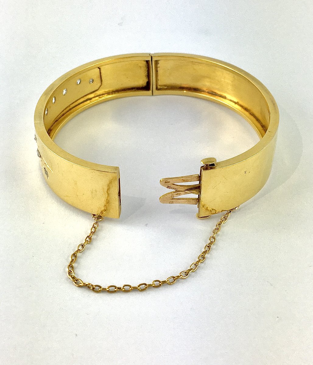 Bracelet Manchette Jonc Ouvrant Motif Muguet Diamants sur Or Jaune Belle Epoque-photo-5