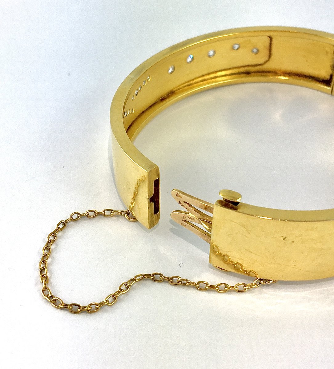 Bracelet Manchette Jonc Ouvrant Motif Muguet Diamants sur Or Jaune Belle Epoque-photo-6