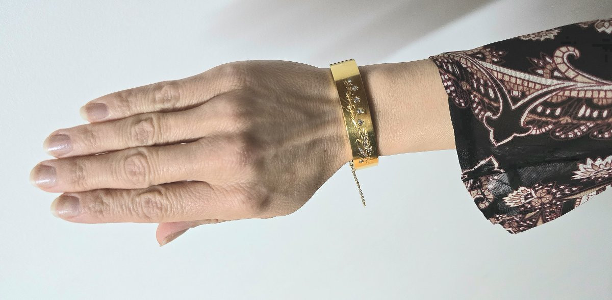 Bracelet Manchette Jonc Ouvrant Motif Muguet Diamants sur Or Jaune Belle Epoque-photo-8