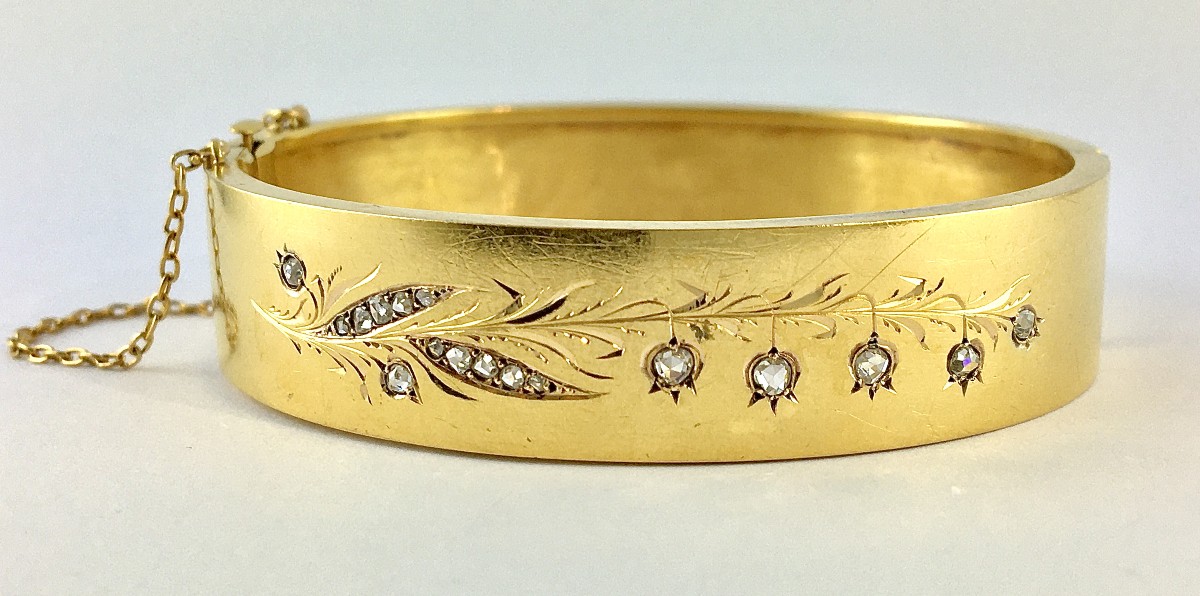 Bracelet Manchette Jonc Ouvrant Motif Muguet Diamants sur Or Jaune Belle Epoque