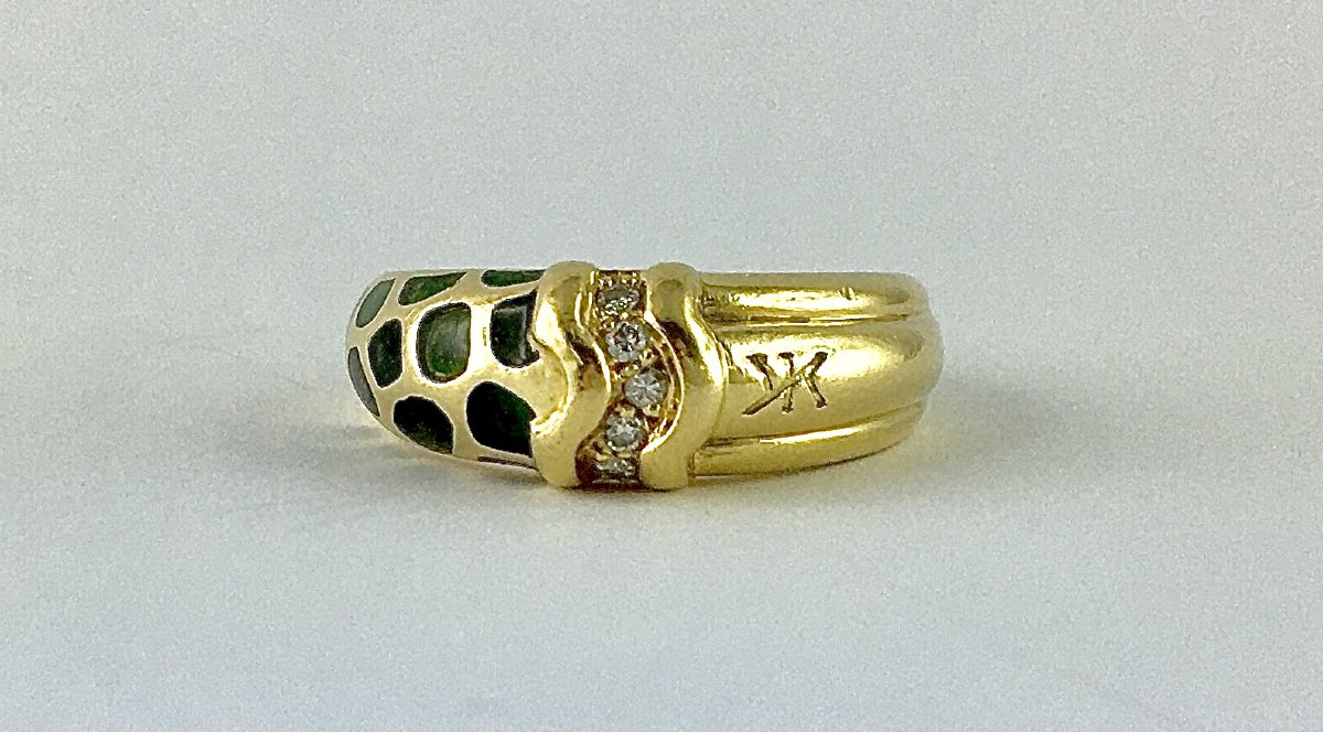 Bague Signée Korloff, Motif Stylisé de Panthère, Laque Noire et Verte, Diamants sur Or Jaune-photo-2
