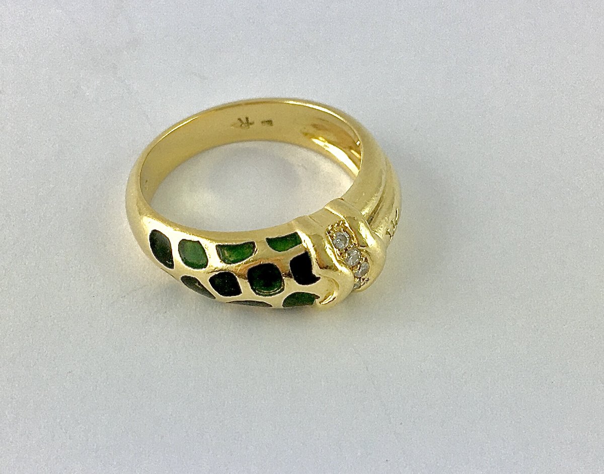 Bague Signée Korloff, Motif Stylisé de Panthère, Laque Noire et Verte, Diamants sur Or Jaune-photo-1