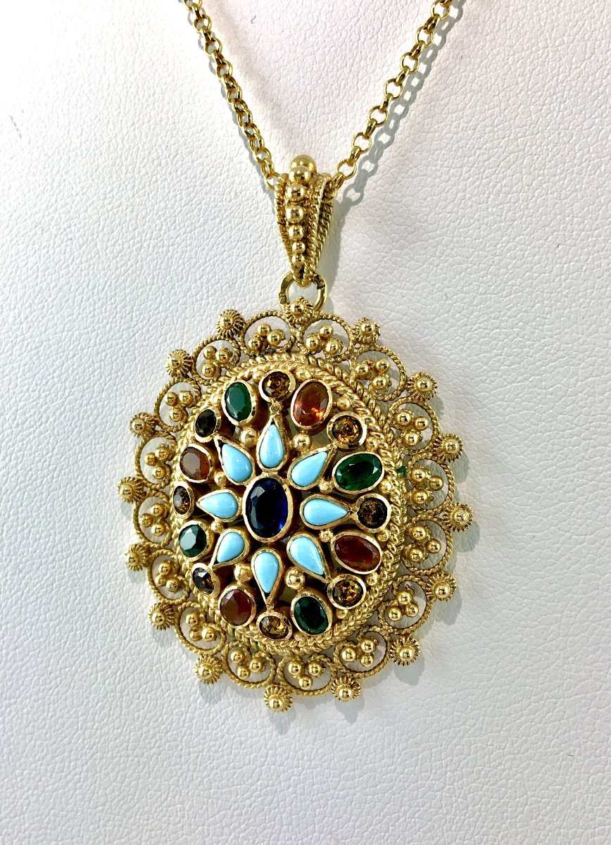 Pendentif Pierres de Couleur Et Travail de Granulation en Or Jaune-photo-2