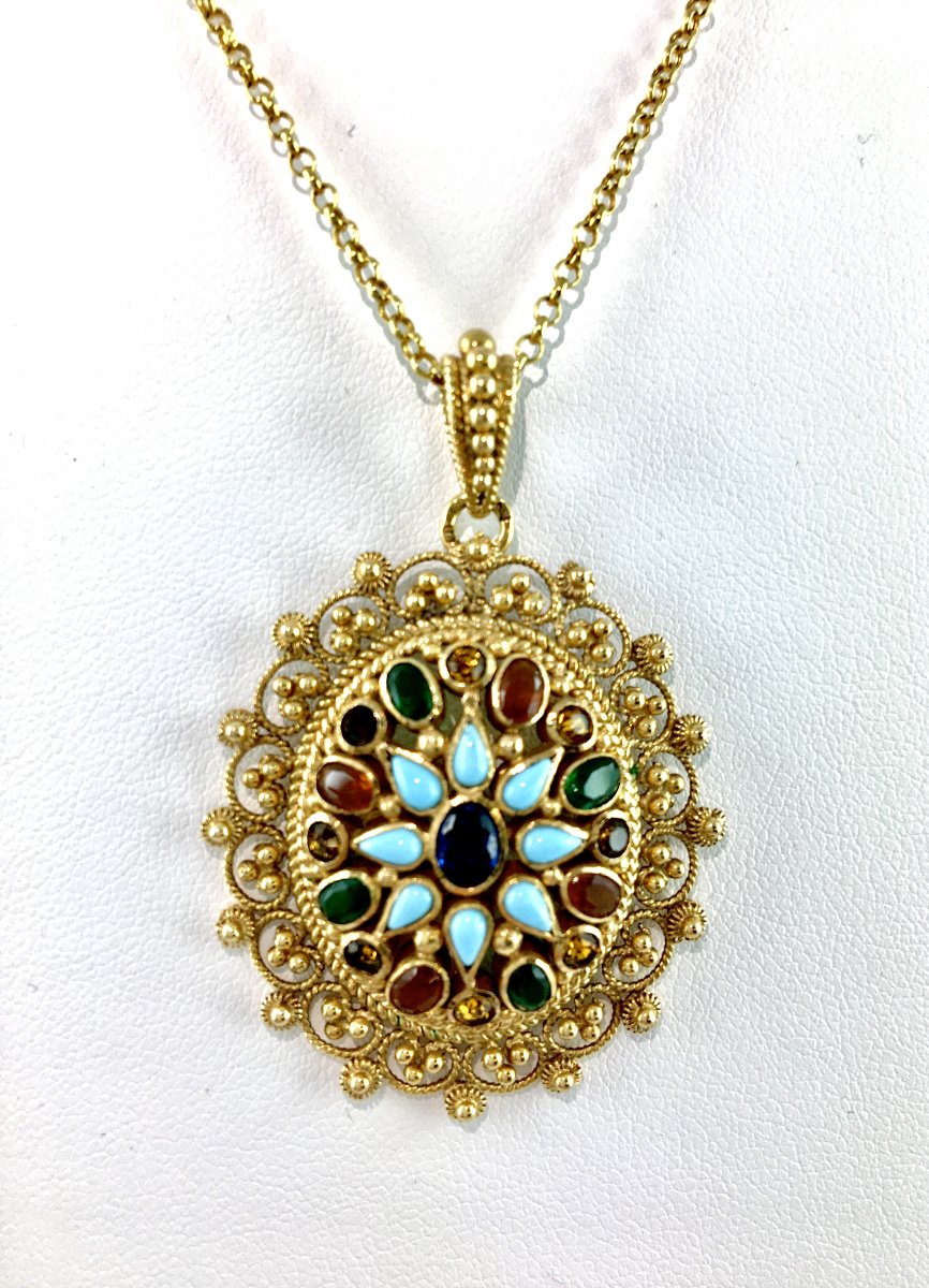 Pendentif Pierres de Couleur Et Travail de Granulation en Or Jaune-photo-3