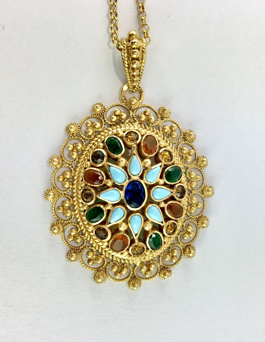 Pendentif Pierres de Couleur Et Travail de Granulation en Or Jaune-photo-4