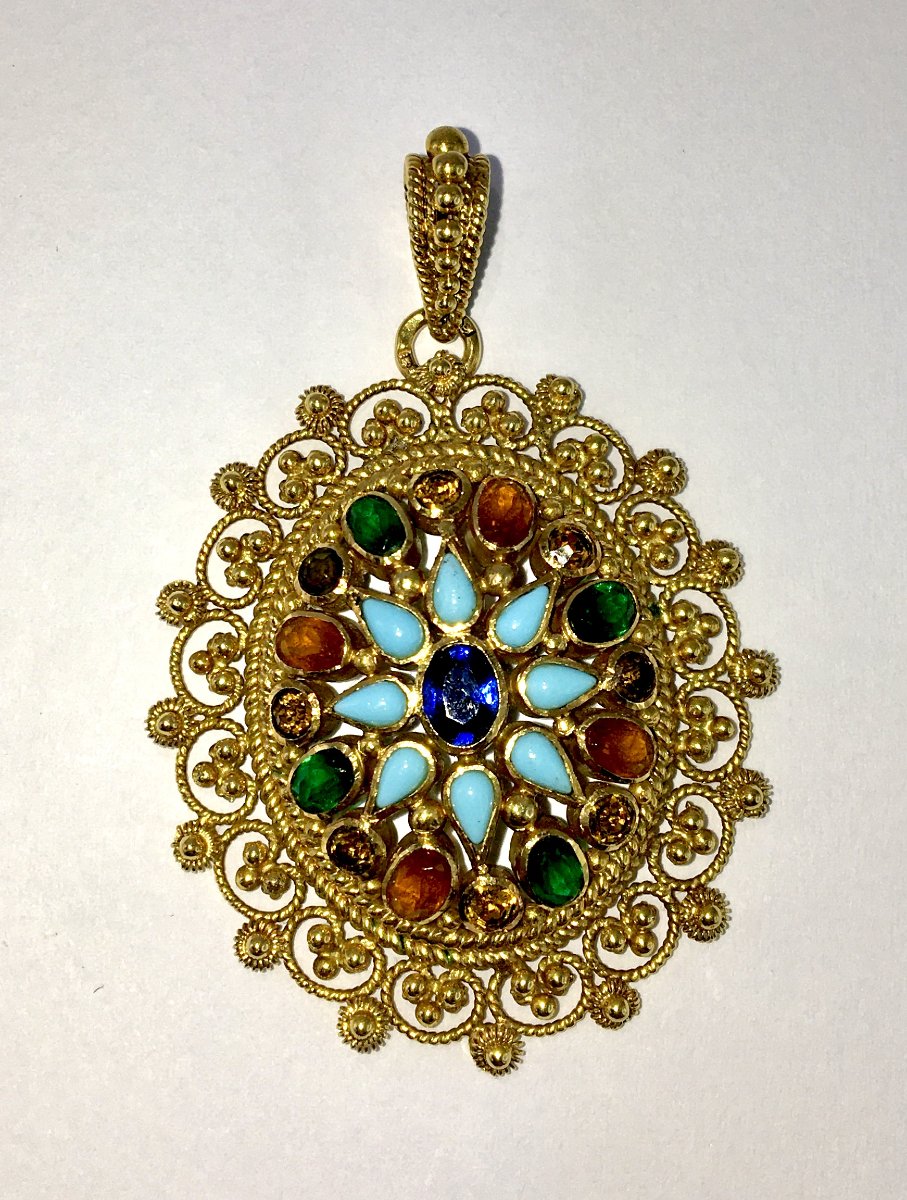 Pendentif Pierres de Couleur Et Travail de Granulation en Or Jaune-photo-4