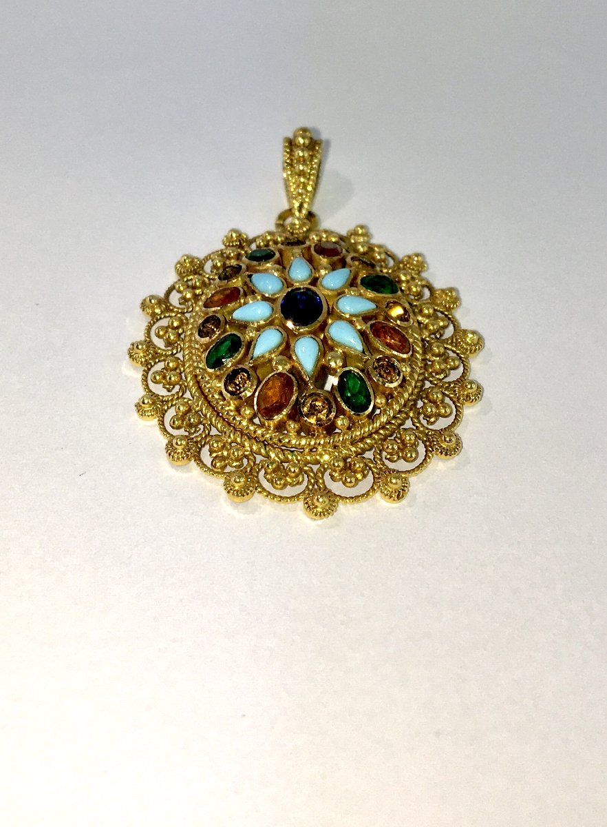 Pendentif Pierres de Couleur Et Travail de Granulation en Or Jaune-photo-5