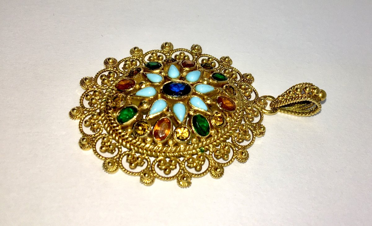 Pendentif Pierres de Couleur Et Travail de Granulation en Or Jaune-photo-6
