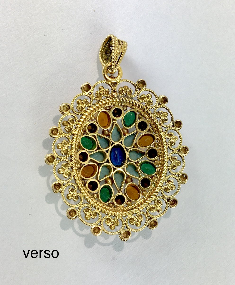 Pendentif Pierres de Couleur Et Travail de Granulation en Or Jaune-photo-7