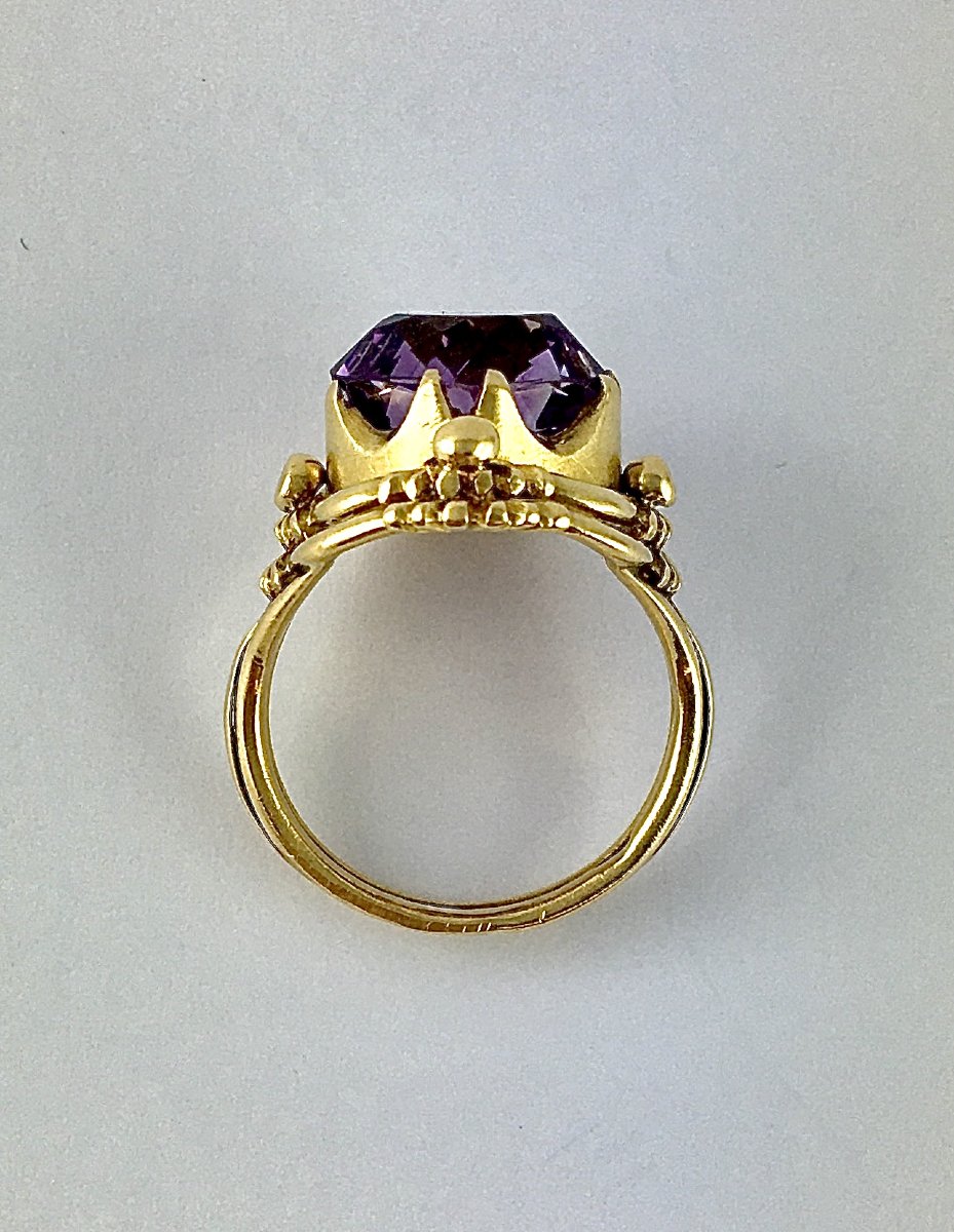 Art Nouveau Ring Cushion Amethyst On Yellow Gold-photo-6